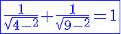 5$\blue\fbox{\frac{1}{sqrt{4-x^2}}+\frac{1}{sqrt{9-x^2}}=1}